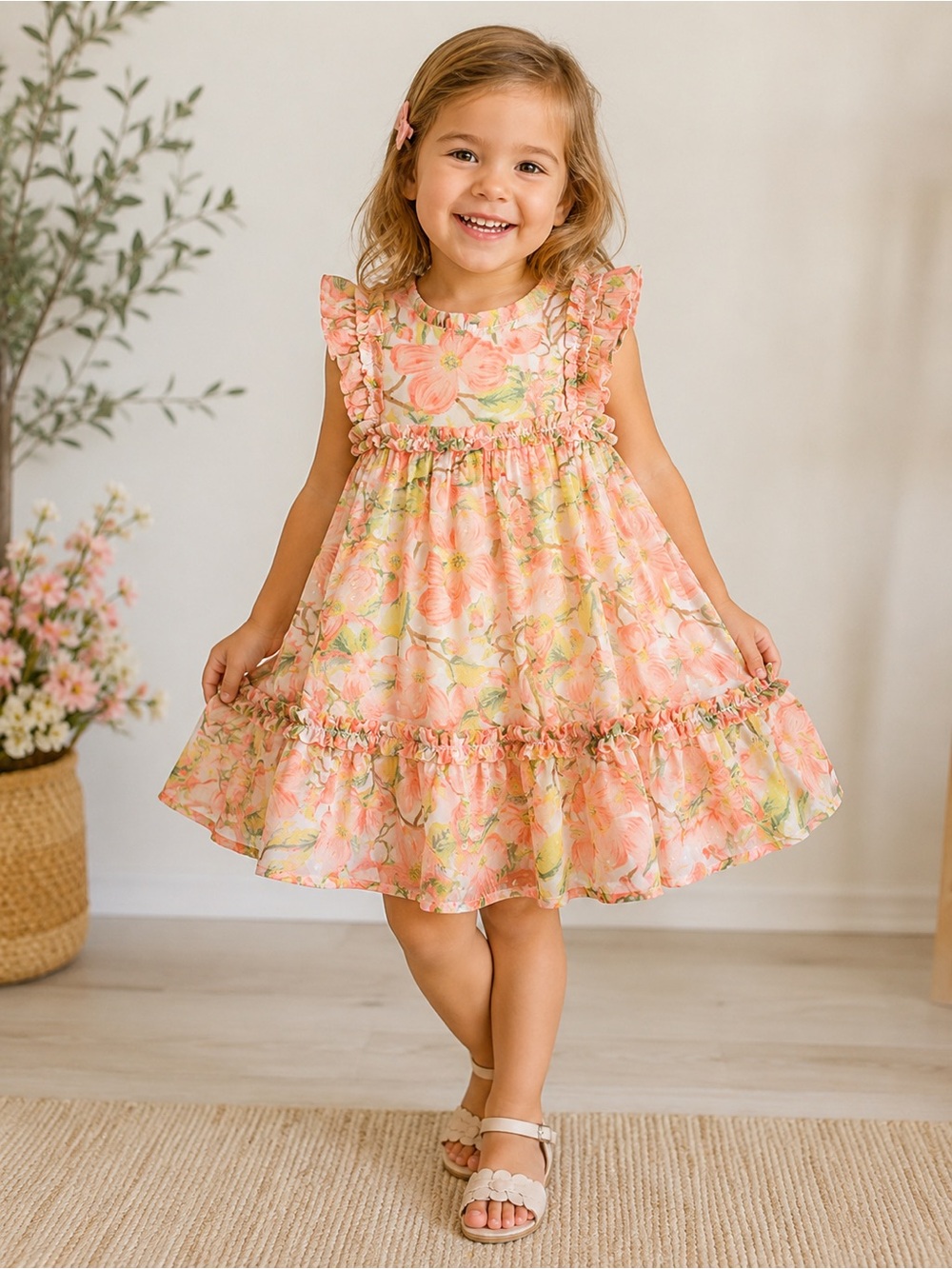 Cupcakes & Cashmere Kids Girls 3T Floral Ruffle Tiered Dress NWT Pink